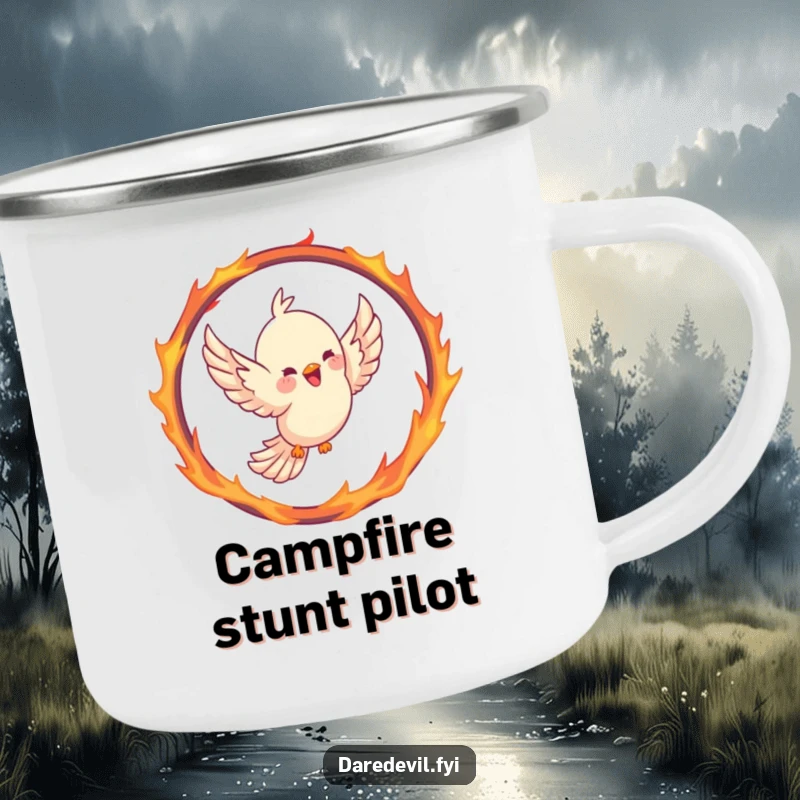 Funny bird camping mug featuring a joyful bird soaring through a hoop shaped like a fiery ring, wings spread in a courageous flight.