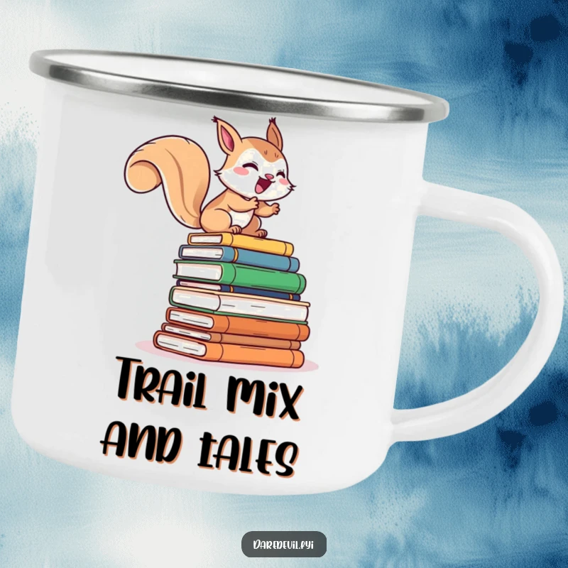 Funny camping mug showing a giggling squirrel character rapidly climbing a tall stack of books, perfect for outdoor reading sessions.