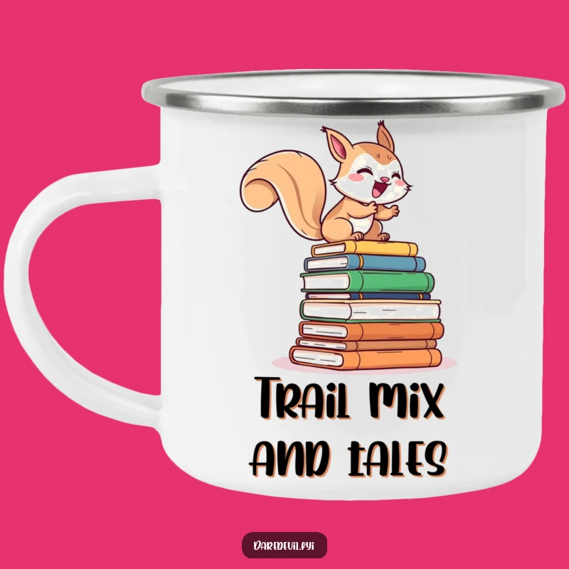 Funny Bookworm Camping Mug: Giggling Squirrel Climbs Books, Outdoor Funny Gift