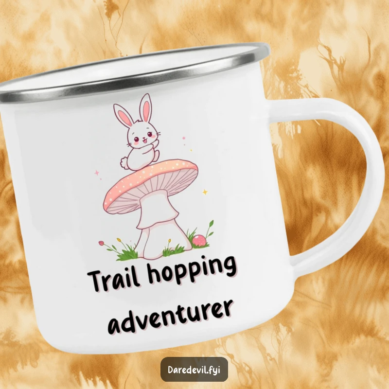 Funny bunny mushroom camping mug showing a fluffy bunny leaping over a sparkly mushroom, perfect for enjoying drinks outdoors with a magical spirit.