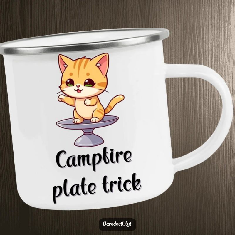 Funny cat camping mug with a mischievous cat balancing on a spinning plate, perfect for outdoor fun.