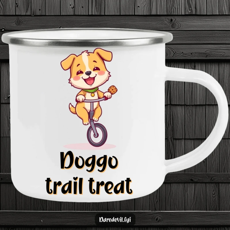 Funny dog balancing a treat on a unicycle, printed on a rugged camping mug for outdoor enjoyment.