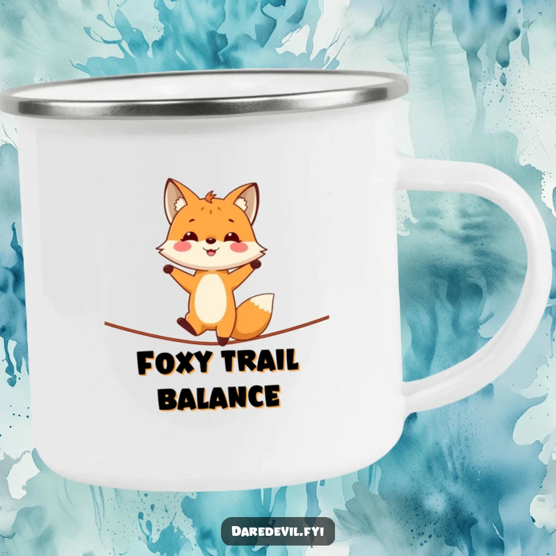 Funny fox performing a handstand on a tightrope, printed on a rugged camping mug for adventurous humor.