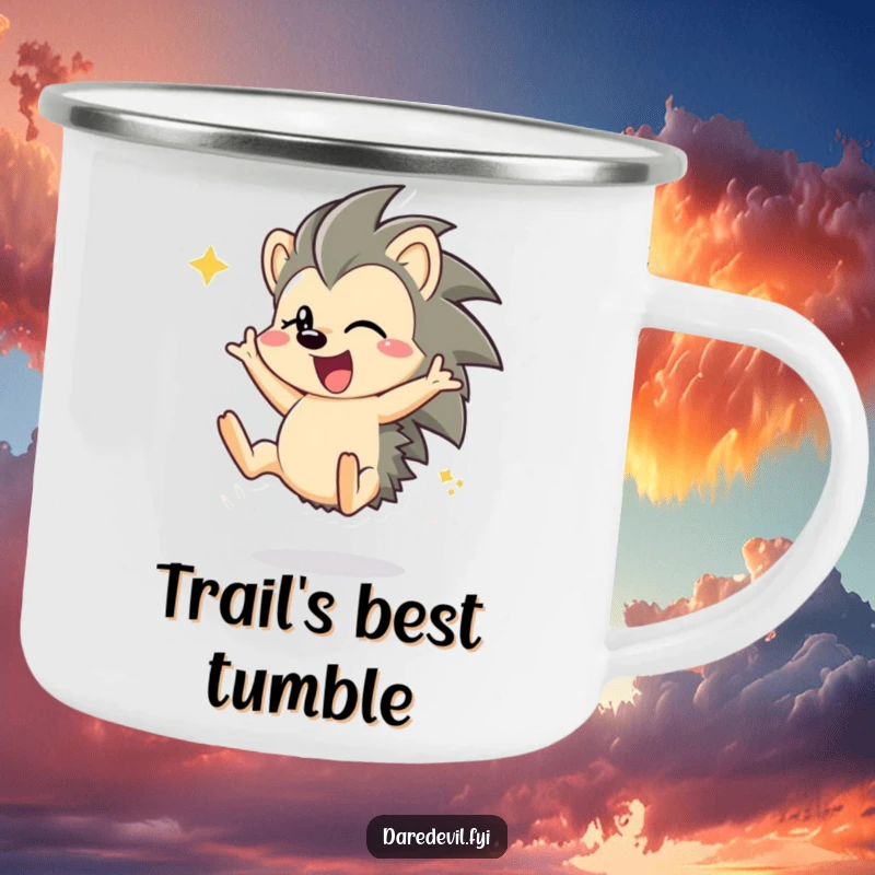 Funny hedgehog character in a dynamic somersault pose on a sturdy camping mug, ideal for outdoor enthusiasts.
