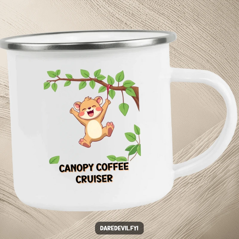 Funny Camping Mug featuring a joyful animal character swinging from a vine with reckless abandon, designed for wild outdoor fun.