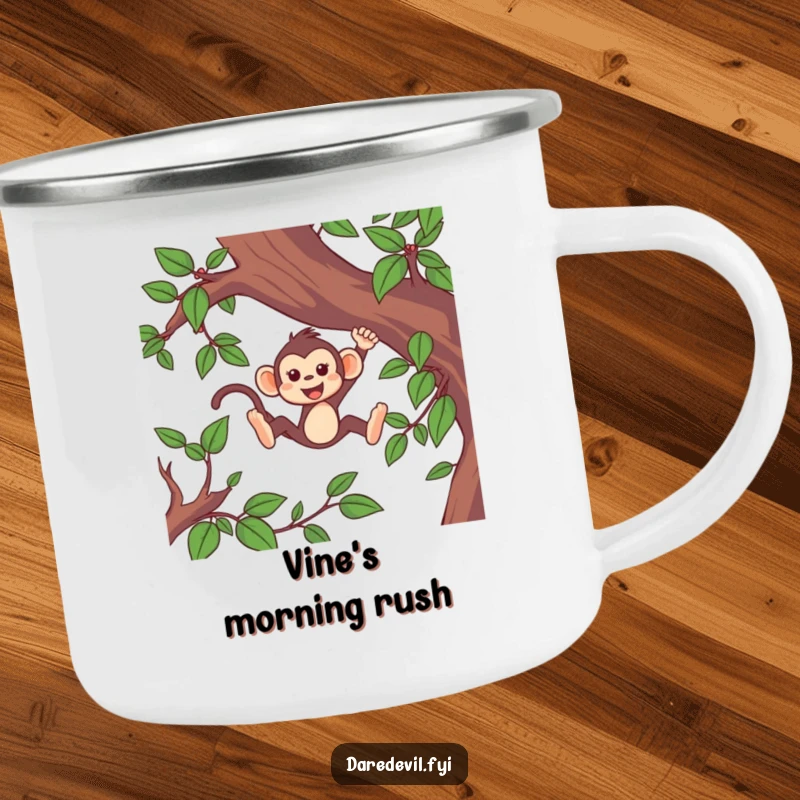 Funny monkey camping mug with a lively monkey character swinging at high speed through jungle vines, perfect for outdoors.