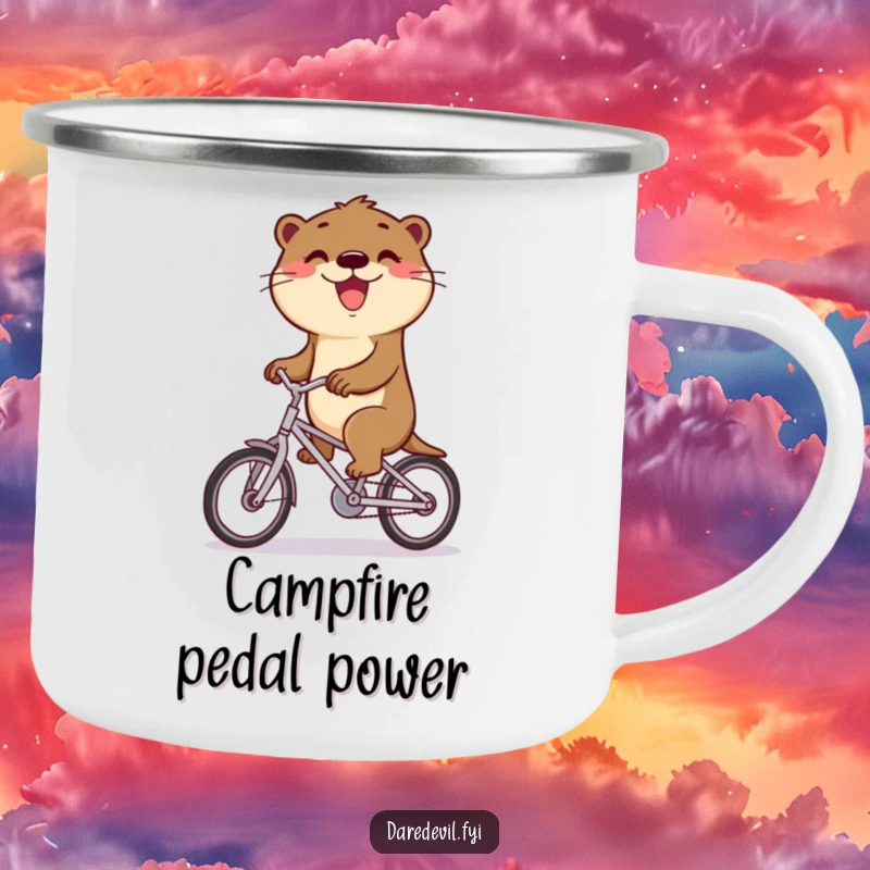 Funny otter rides a bicycle with a triumphant grin, ideal for outdoor celebrations on a funny camping mug.