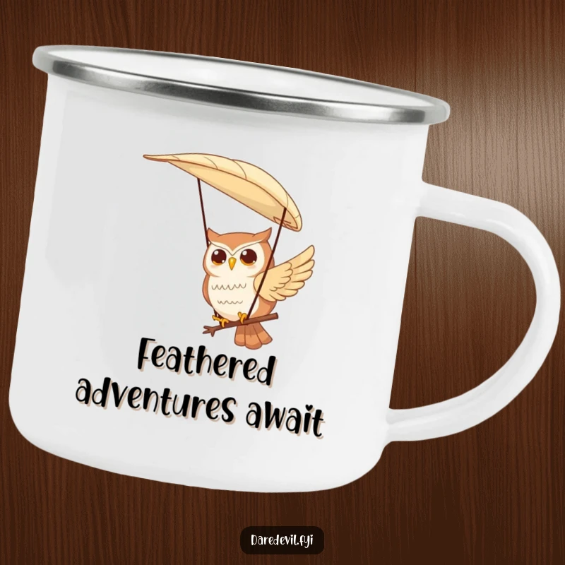 Funny camping mug showing a contented owl character paragliding using a large feather, perfect for outdoor relaxation and nature appreciation.