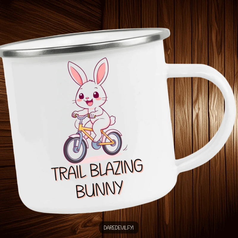 Funny rabbit camping mug featuring a cheerful bunny riding a fast bicycle, great for outdoor enthusiasts.