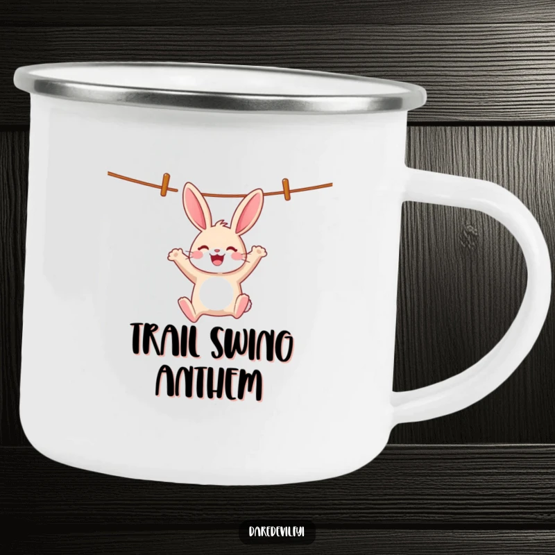 Funny cheerful rabbit swings wildly from a clothesline, perfect for outdoor fun on a funny camping mug.