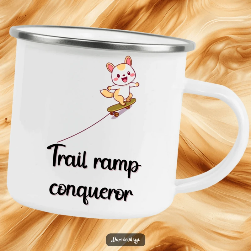 Funny Skater Animal Camping Mug featuring a happy character skateboarding down a ramp, ideal for adventurous outdoor moments.