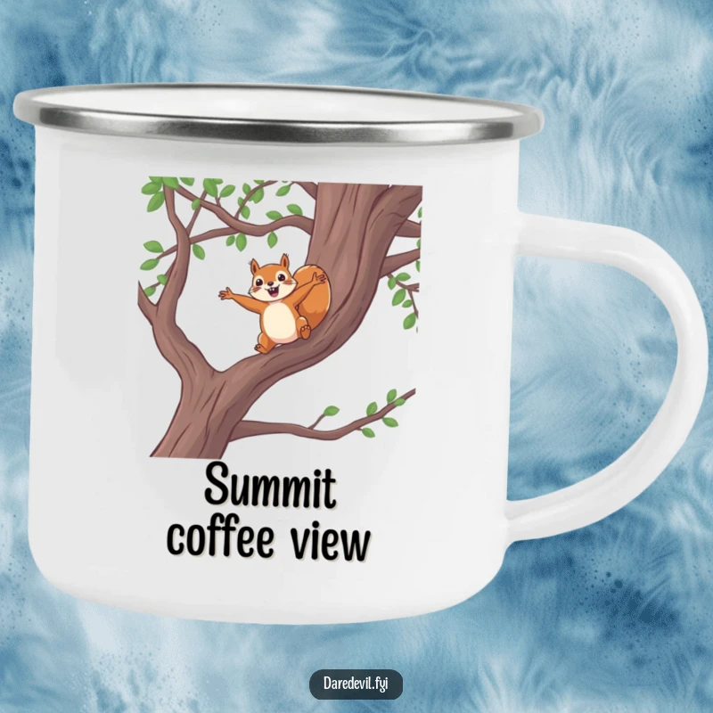 Funny squirrel leap camping mug, brave squirrel jumping from tree branch, outdoor, humorous and durable gift for adventurers.