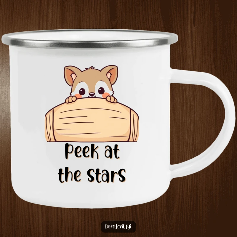 Funny Enamel Camping Mug featuring a curious animal character peeking over a large, playful obstacle during an outdoor adventure, a rugged funny gift.