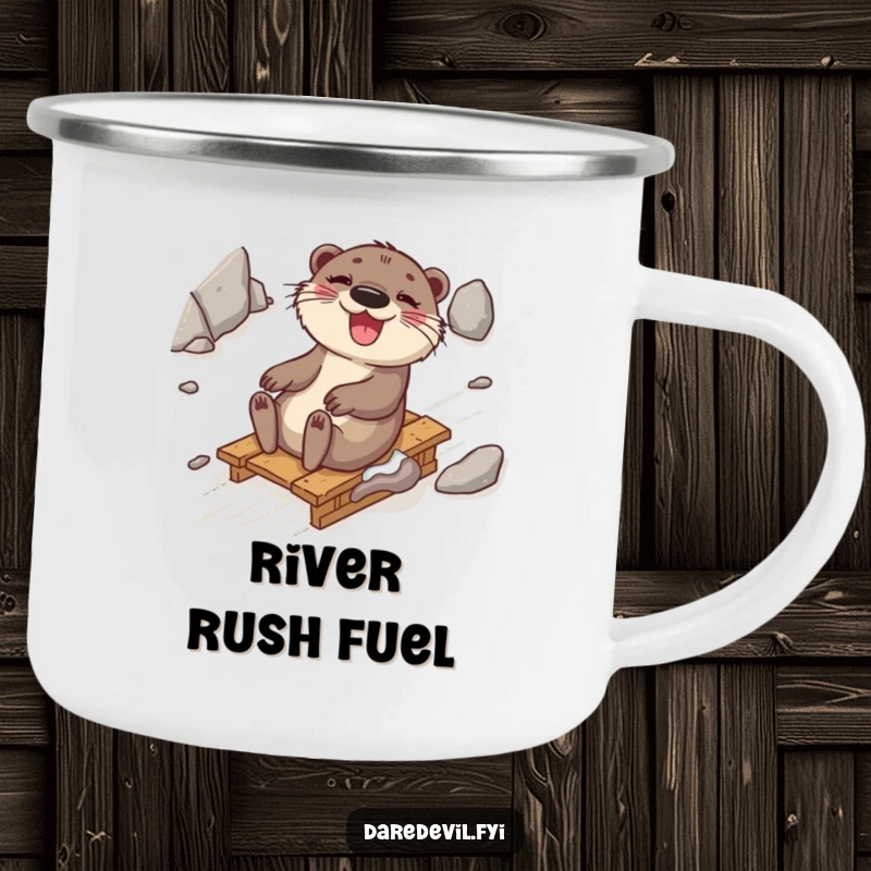 Funny otter giggling while sledding down a rocky slope in a camping setting, durable and humorous, perfect for outdoor gifts.