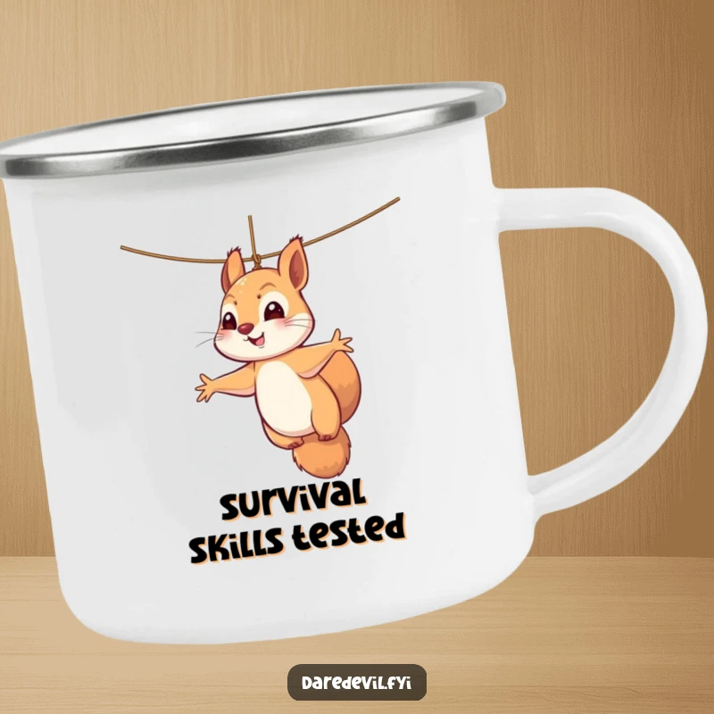 Funny squirrel camping mug featuring a perky squirrel dangling precariously from a thin thread, paws outstretched in a heroic, humorous pose.