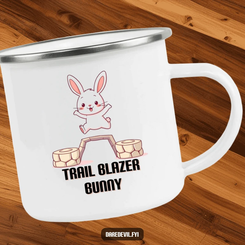 Funny Rabbit Camping Mug: A brave rabbit character leaps between platforms, ready for any adventure with a spirit of courage.