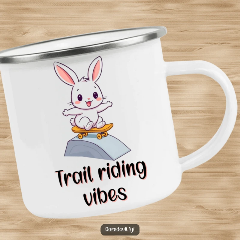 Funny rabbit camping mug, showing a bunny skateboarding down a small ramp, built for adventures.