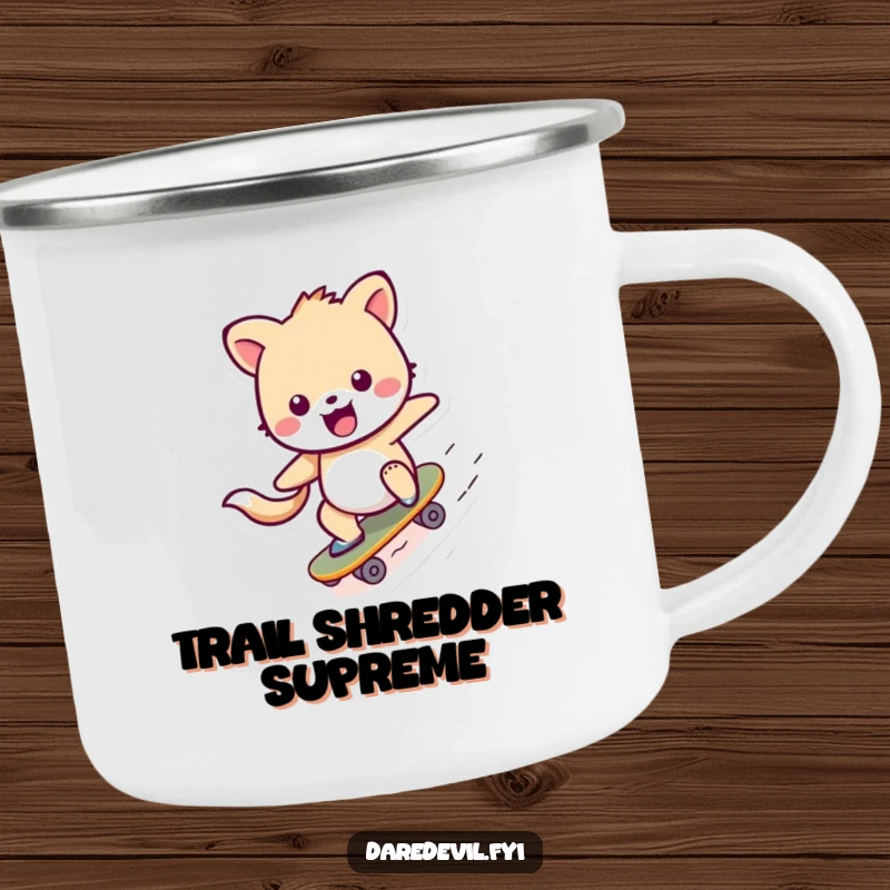 Funny Camping Mug featuring a cheerful animal character skateboarding down a ramp, designed for rugged outdoor fun and laughter.