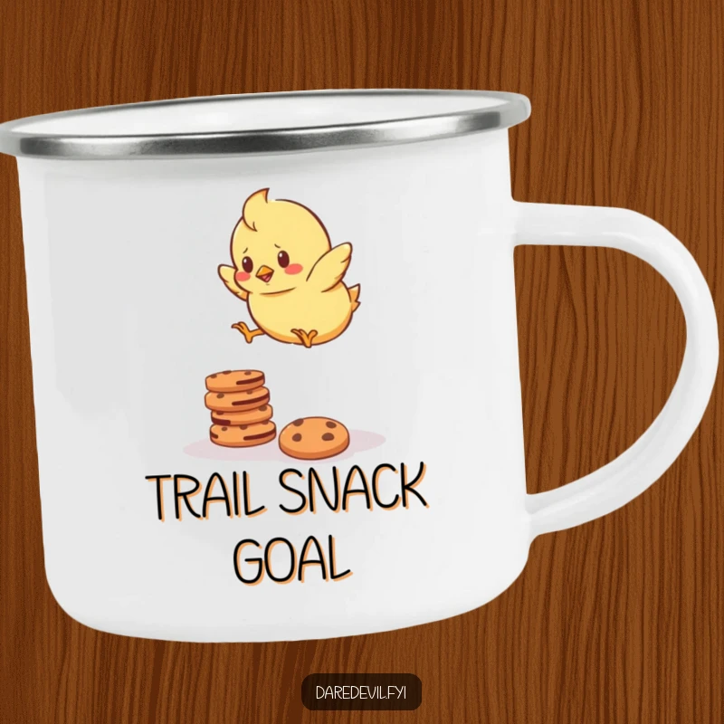 Funny Camping Mug showing a determined chick bravely jumping over a stack of cookies, built for adventure and cheerful sipping.