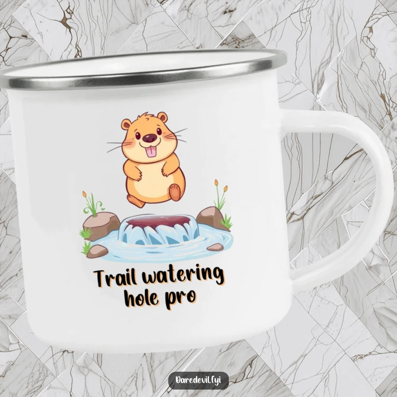 Funny camping mug showing a happy capybara mid-jump over a river, ideal for outdoor sipping and humor.