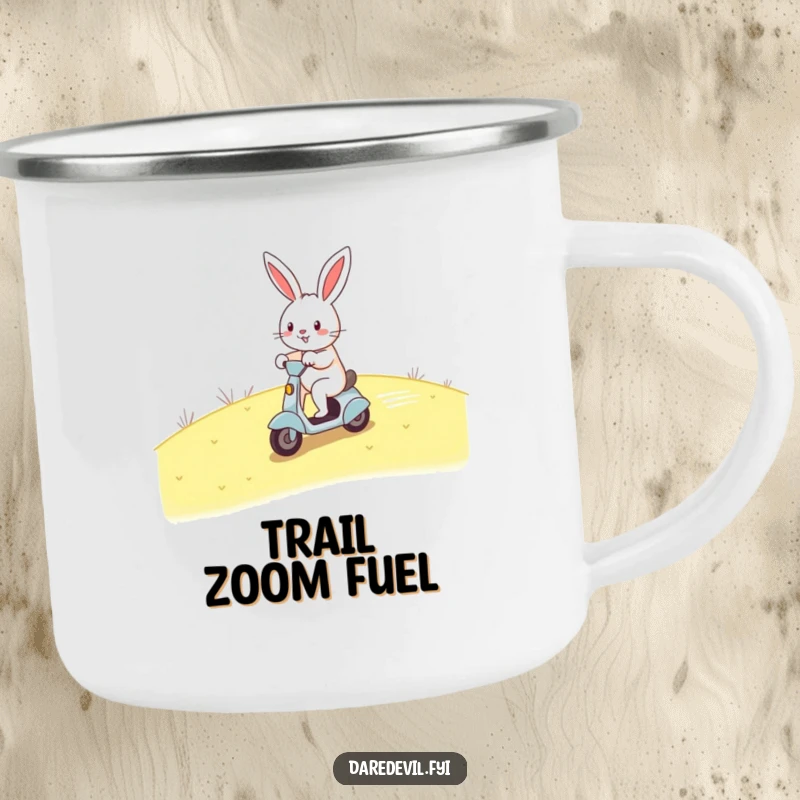 Funny rabbit scooter camping mug, cheerful rabbit zooming on scooter, outdoor, humorous and durable gift for adventurers.