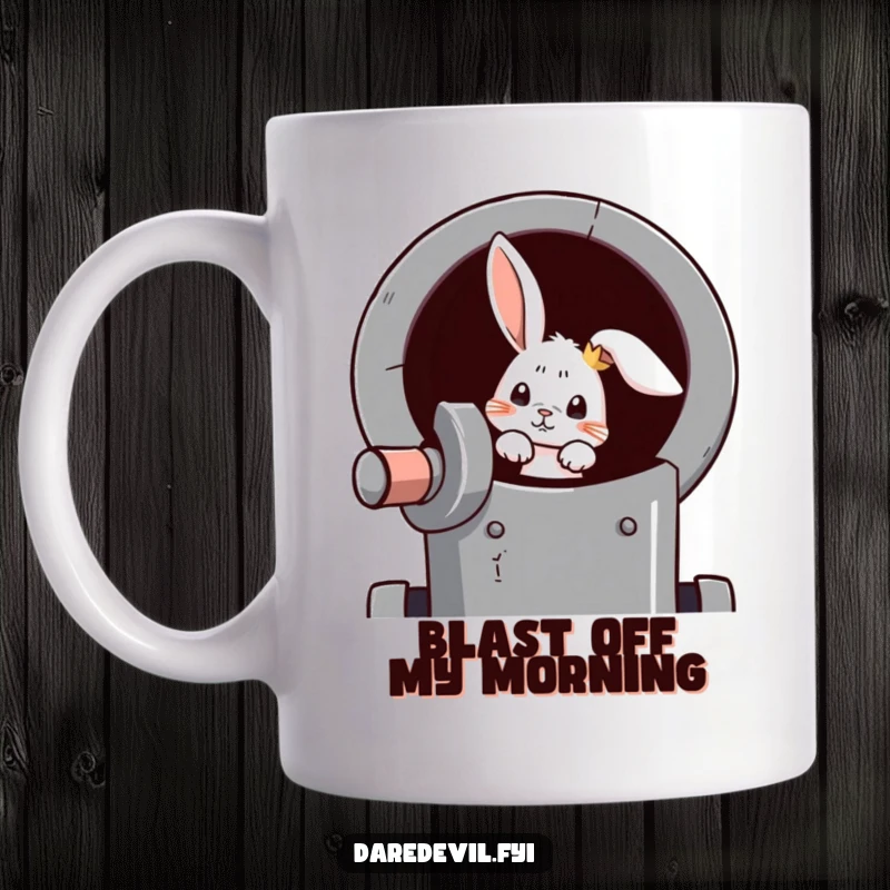 Funny rabbit mug with a curious rabbit peeking out of a cannon, looking ready for an exciting launch.