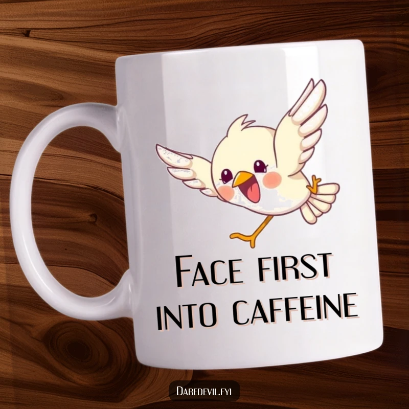 Funny mug featuring a bird in mid-air, joyfully diving headfirst with wings spread wide in pure abandon.