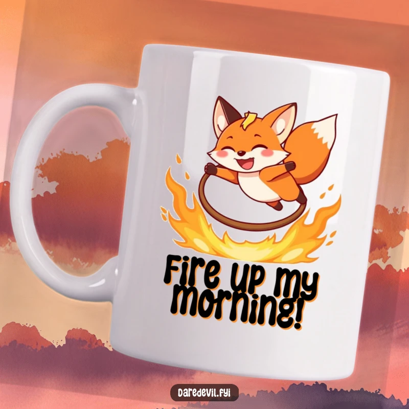 Funny Fox Fire Hoop Mug showing a grinning fox joyfully leaping over a flaming hoop, embodying fearless fun.