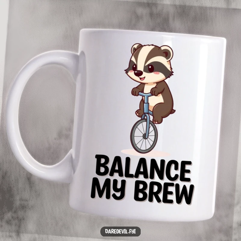 Funny badger with a focused expression, precariously balancing on a unicycle, showing determination and a struggle for equilibrium, a humorous gift.