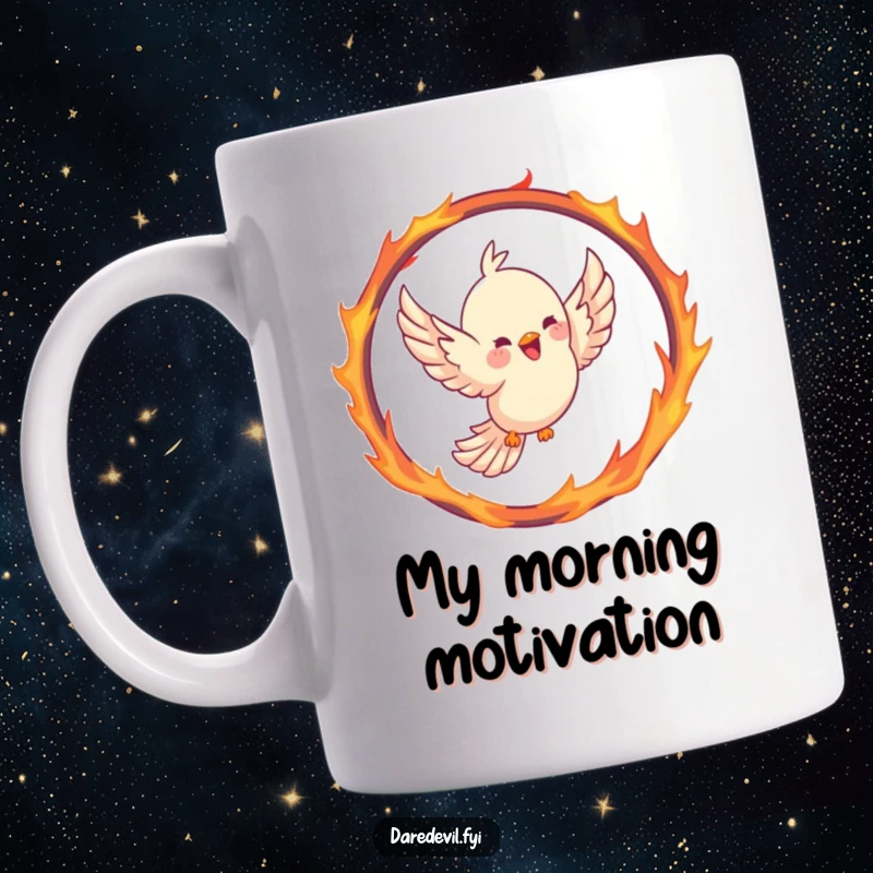 Funny bird mug featuring a joyful bird soaring triumphantly through a hoop shaped like a fiery ring, wings spread wide.