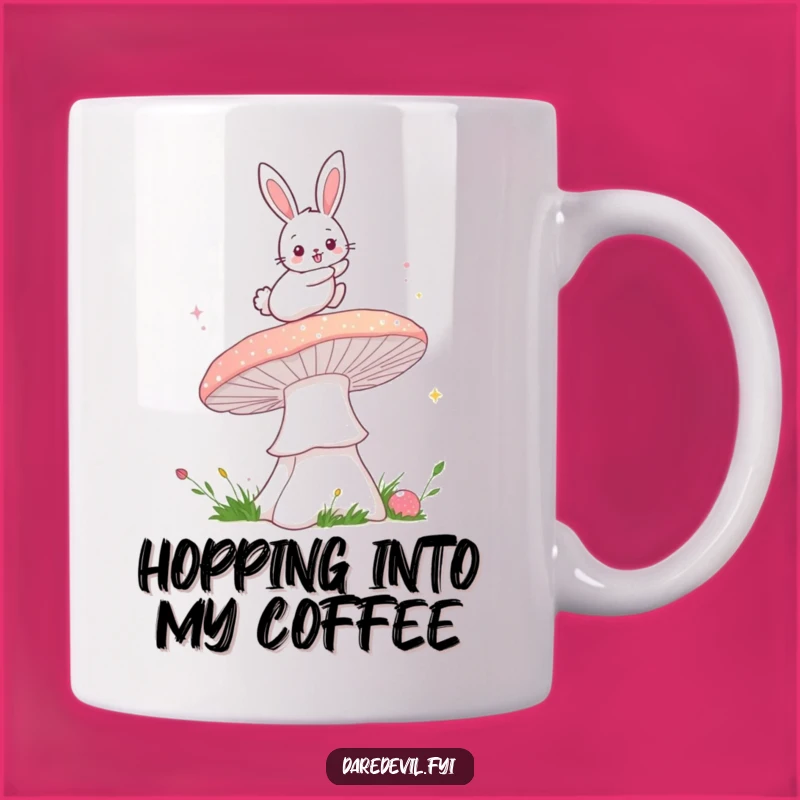 Funny Bunny Mushroom Leap Mug: Magical Adventure Humor for a Gift