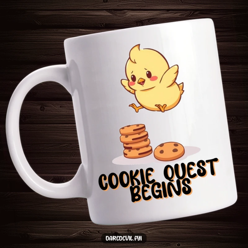 Funny Mug showing a determined chick bravely attempting to jump over a stack of cookies, full of adventurous spirit.