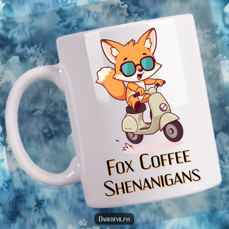 Funny Mug: A mischievous fox character leaps dramatically over a small gap on a scooter, embodying daring and playful action.