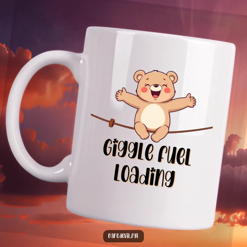 Funny bear mug features a giggling bear precariously balancing on a tightrope with arms outstretched, evoking circus humor.