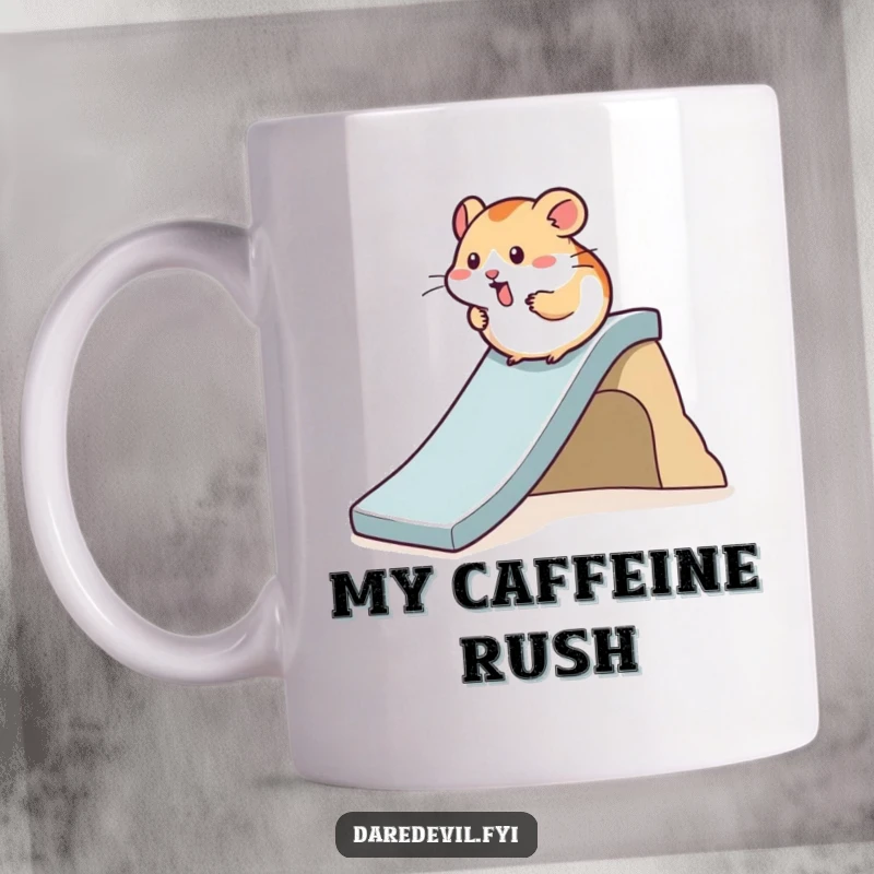 Funny Hamster Mug showing a determined hamster rapidly descending a steep, tiny slide, conveying speed and excitement.
