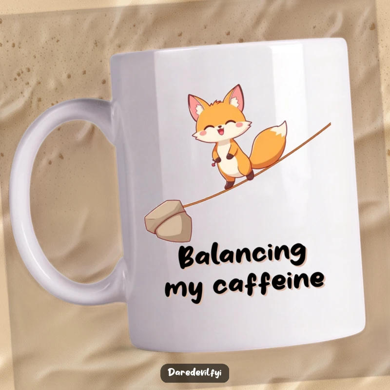 Funny Fox Mug: A joyful fox character masterfully balances on a thin tightrope, showcasing grace and a playful spirit.