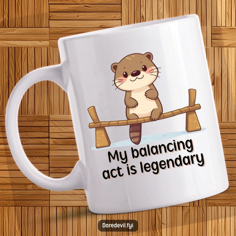 Funny mug with a determined otter confidently crossing a precarious, wobbly bridge with a smile.