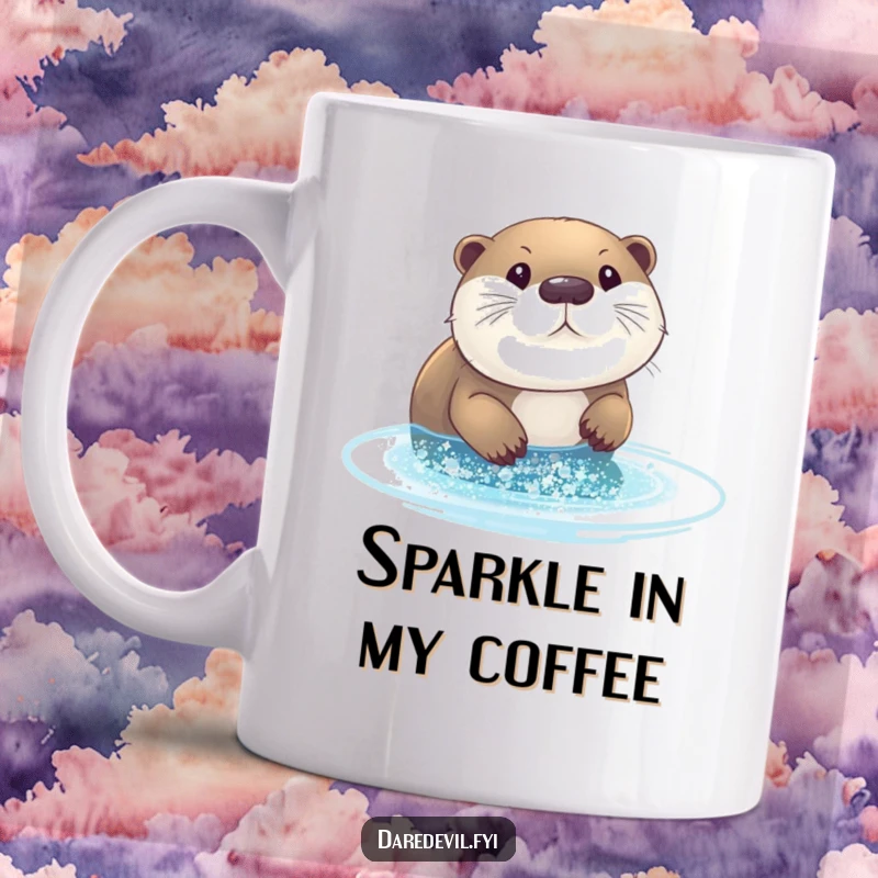 Funny otter mug: a curious otter diving headfirst into a pool filled with shimmering, sparkling glitter.