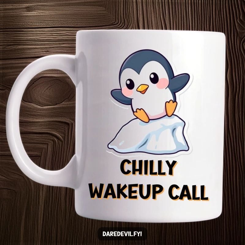 Funny Penguin Mug: A playful penguin character boldly slides down a miniature icicle, bringing chilly humor and winter fun.