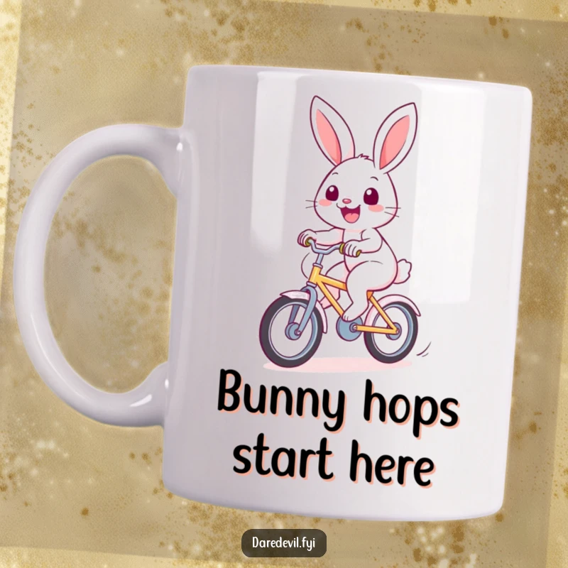 Funny rabbit mug shows a cheerful bunny with a wide smile riding a small, fast bicycle, conveying pure joy.