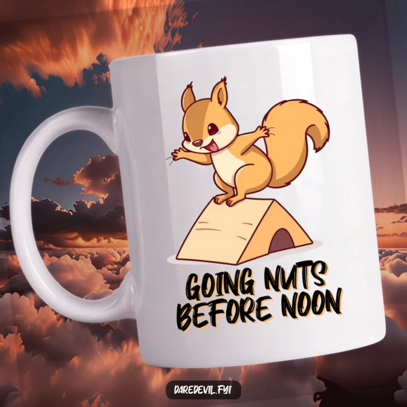 Funny squirrel mug showing a cute, playful squirrel doing an impressive flip off a mini ramp, capturing extreme sports humor.