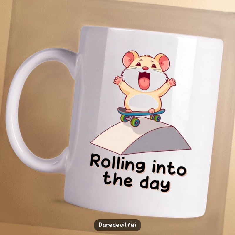Funny Hamster Mug: A thrilled hamster character rides a mini skateboard down a ramp, showcasing excitement and skateboarding prowess.
