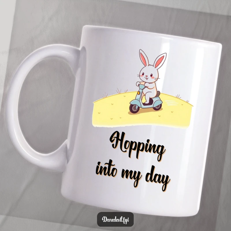 Funny rabbit scooter mug, cheerful rabbit zooming down hill on tiny scooter, fast, humorous, perfect gift for speed lovers.