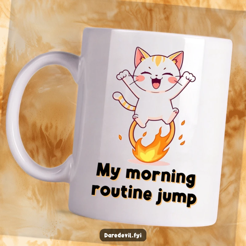 Funny mug showing a mischievous cat energetically jumping over a flaming hoop, expressing its wild joy and adventurous spirit.