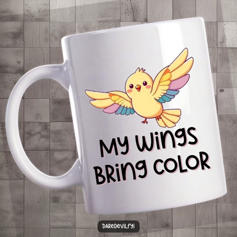 Funny bird mug: a small, happy bird flying with huge, vibrant rainbow-colored wings, spreading joy.