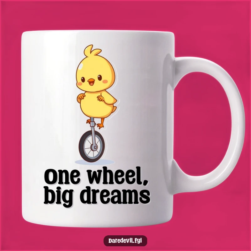 Funny Playful Chick Unicycle Mug: Hilarious Bird Cartoon Gift for Balance Lovers