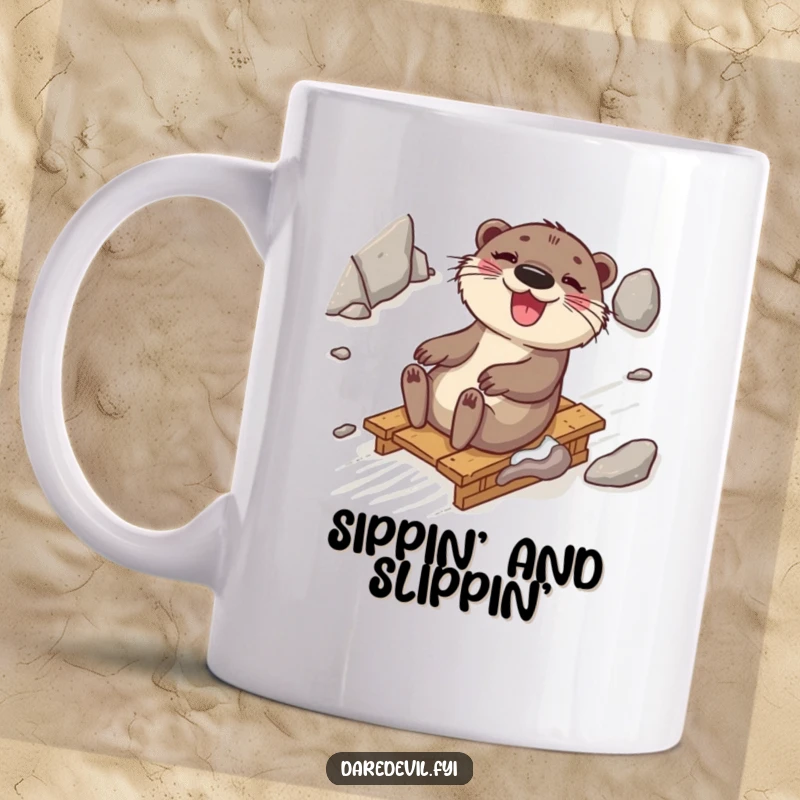 Funny otter with a wide grin, sliding down a rocky slope on a makeshift sled, embodying pure delight and adventure, a humorous gift.