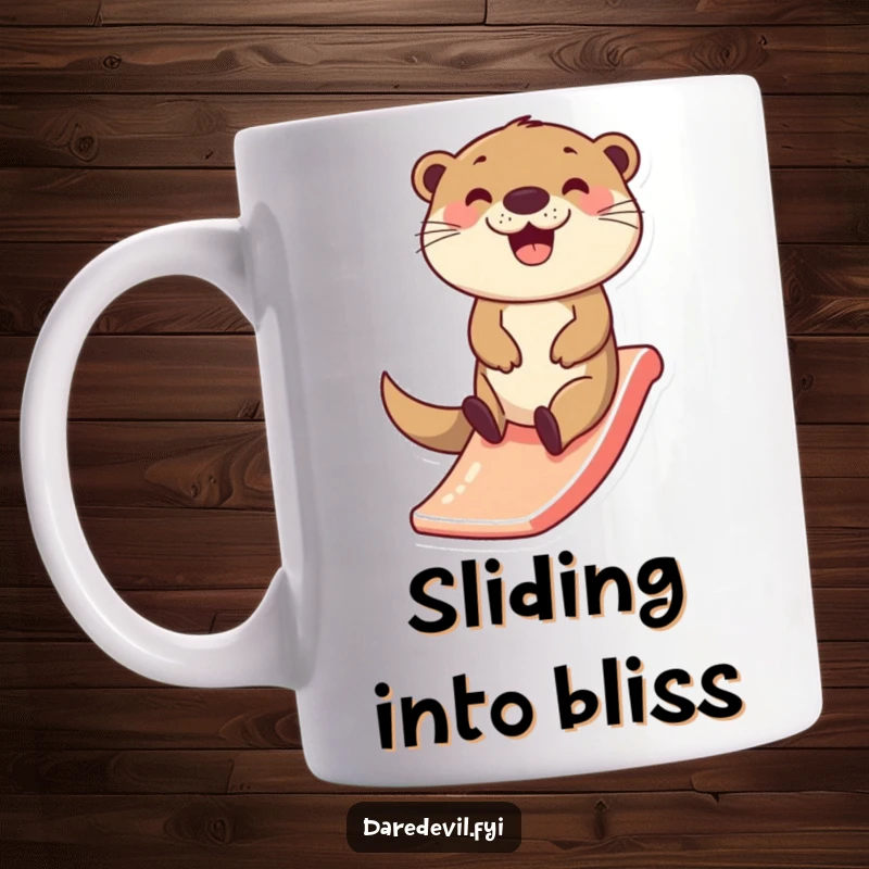 Funny Otter Mug: A happy otter character zips down a tiny slide with a wide, joyous smile, radiating pure fun.