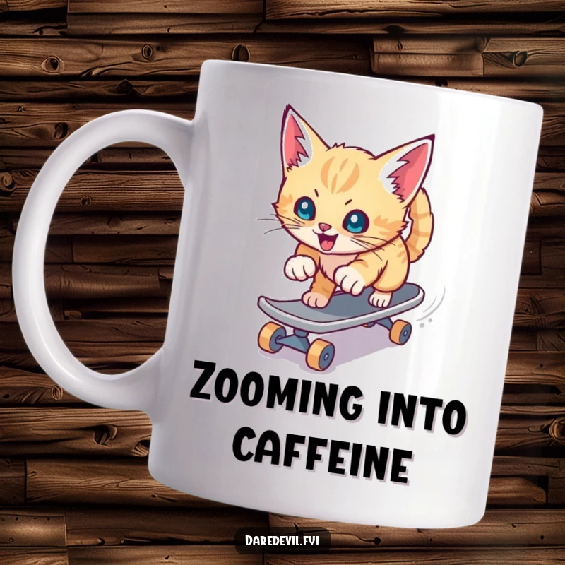 Funny mug showing a playful kitten aggressively speeding down a slide on a miniature skateboard, radiating pure, unadulterated fun.