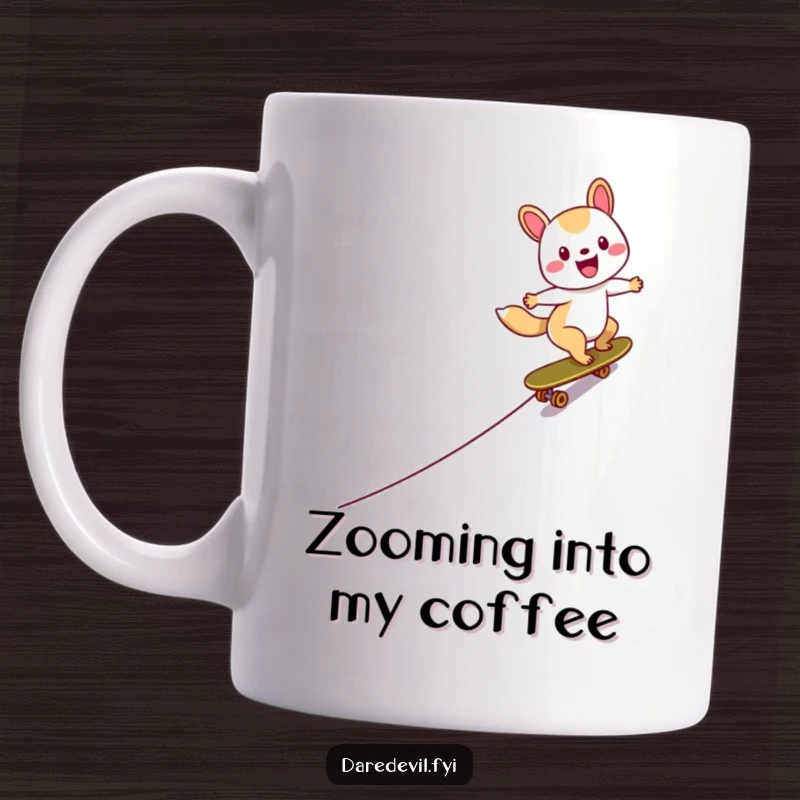 Funny Skater Animal Mug showing a happy character speeding down a steep ramp on a skateboard, full of exhilaration.
